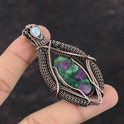 Copper Oval Natural Ruby Fuchsite Rainbow Moonstone Wire Wrapped Pendant Jewelry