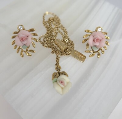 Womens 1928 Jewelry Set Necklace Earrings Pink Rose Costume