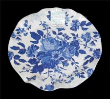 2 Shabby Chic Blue Roses Scalloped Fluted Edge 10-3/4" THICK Melamine Plates NWT