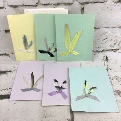 Vintage Handcrafted Notecards Exotic Bird Feathers Lot Of 6 In Pastel Colors #2