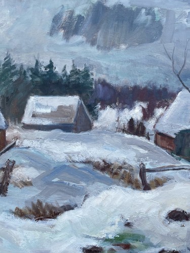 GUNNAR EKDAHL 1907-1995 GROSSE WINTERLANDSCHAFT HÄUSER SCHNEE SCHWEDEN 102X77CM - Picture 6 of 12