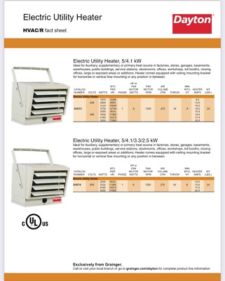 GARAGE HEATER, Electric Hanging Forced Air Heater Dayton Number UG73E.