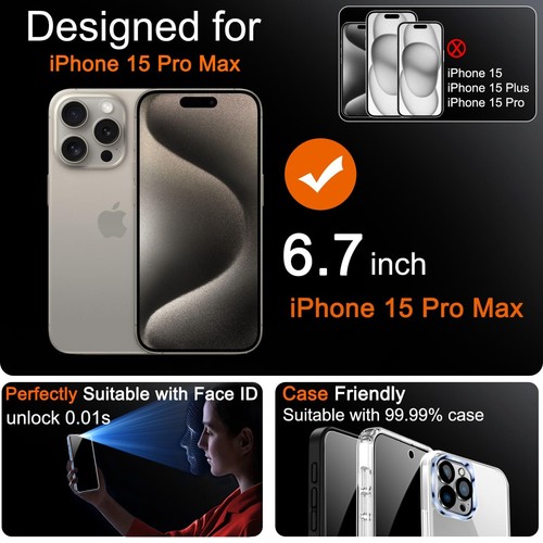 4 Pezzi Vetro Temperato Privacy per iPhone 15 Pro Max+Pellicola Fotocamera - Foto 2 di 7