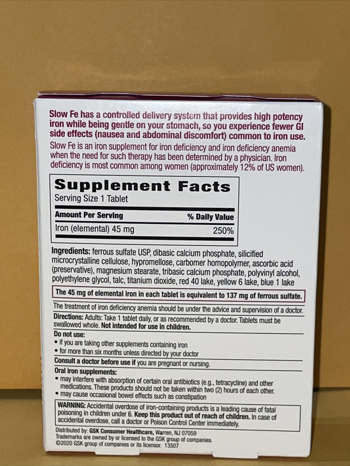 Slow Fe Iron Supplement for Iron Deficiency Slow Release Tablets 45 Mg 60 Count