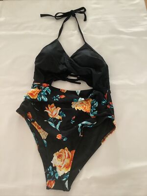 Cupshe Bademode schwarz Blumenmuster Neckholder Einteiler Badeanzug Gr. L