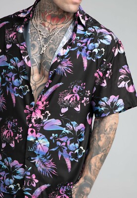 SikSilk Herren S/S Hawaii Resort Hemd - Schwarz Batik Hawaii Extra Small