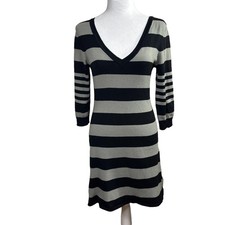 H&M Women's Knit Black Grey Striped V-Neck Sweater Dress 3/4 Sleeve Retro Sz S