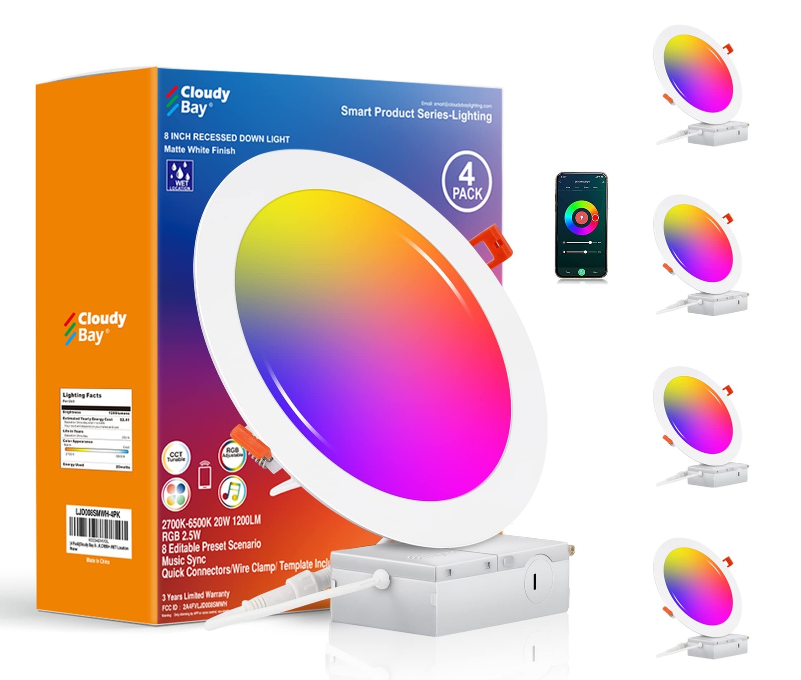 CLOUDY BAY [4 Pack] 8 inch Smart WiFi LED Recessed Lights,20W RGBCW Color Cha...
