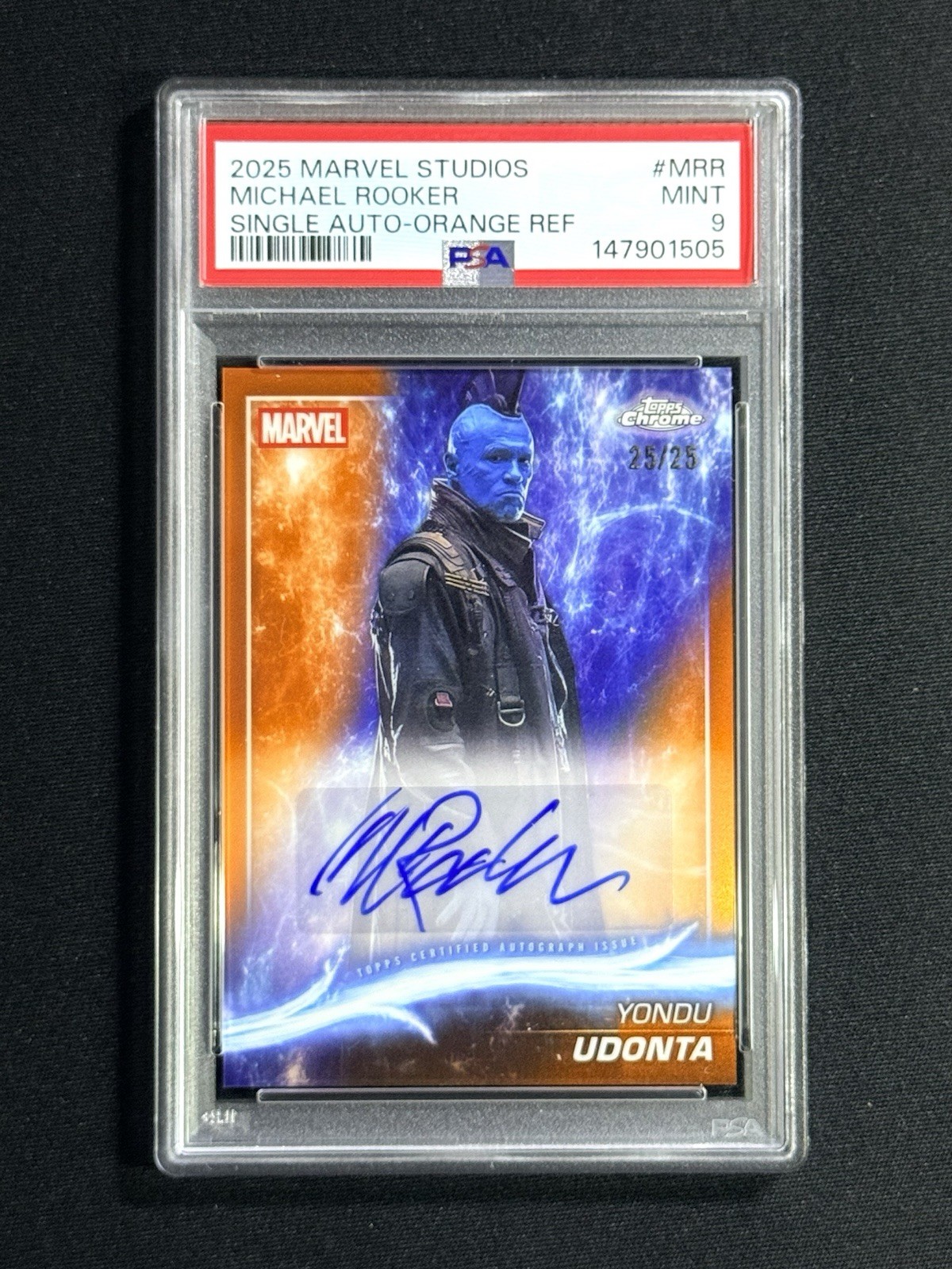 2025 Topps Marvel Studios Chrome Yondu - Michael Rooker Orange Auto #/25 PSA 9