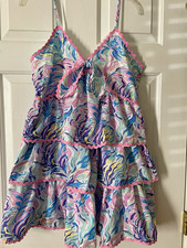 Simply Southern Blue Pink Abstract Smocked Ruffle Spaghetti Strap Sundress M