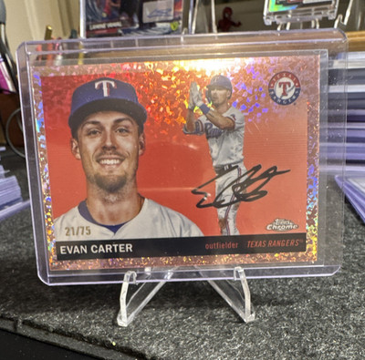 Topps 2025 Chrome Platinum Anniversary Evan Carter #198 Rangers Rose Gold /75