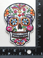   SUGAR SKULL TATTOO DESIGN FLOWERS CROSS HEART COLORFUL SKULL IRON ON PATCH