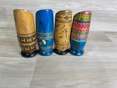Handmade North Africa Olive Wood 4 Shot Mugs Hand Crafted Glass Mugs Colorful