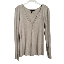 Vintage BCBG Paris Beige Long Sleeve Cotton Blend Henley Top Women's XL