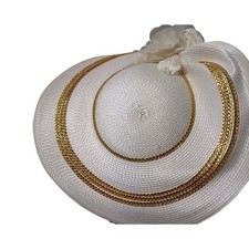 Vintage White Wide Brim Church Hat Gold Trim Floral Accent Formal Dress Hat