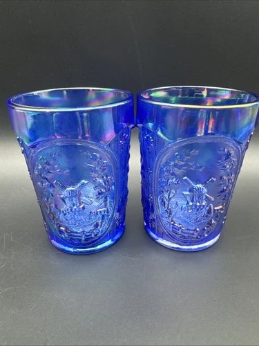 VTG Imperial Glass Carnival Blue Depression Tumbler Windmill Scene Iridescent 4"