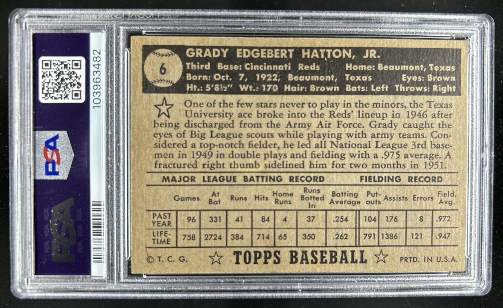 1952 Topps Grady Hatton Black Back #6 Reds PSA 5 view 2