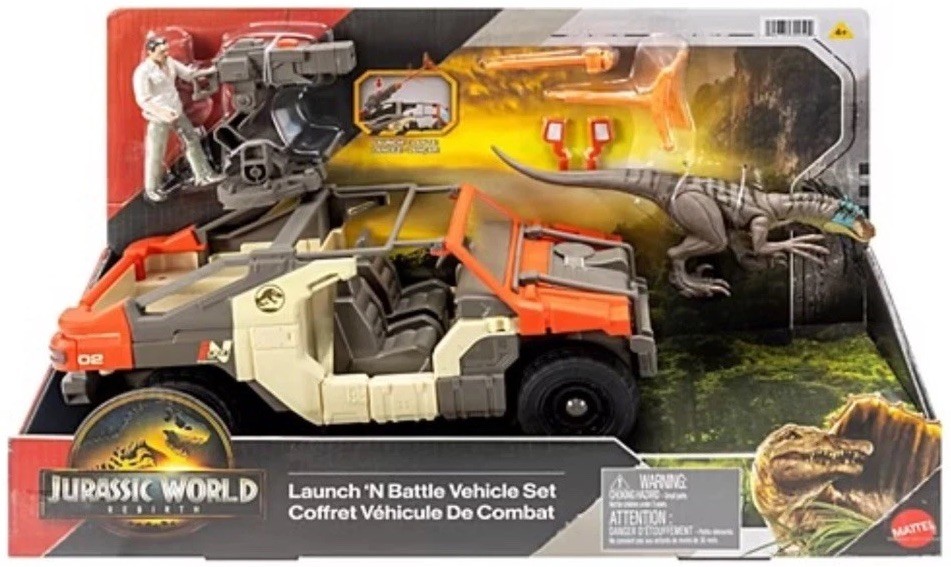 Jurassic World Rebirth Launch 'N Battle Vehicle Set with Velociraptor Dinosaur