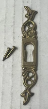 One NOS Cast Brass Door Drawer Furniture Keyhole Escutcheon Plate Cover w/nails
