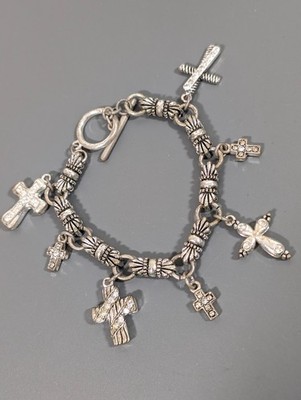Antiqued Silver Tone Rhinestone Cross Charm bracelet Toggle 7 in