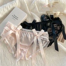 1 Pair Women's Lace Panties Mid Waist Mesh Seamless Briefs Pink Bow Lingerie