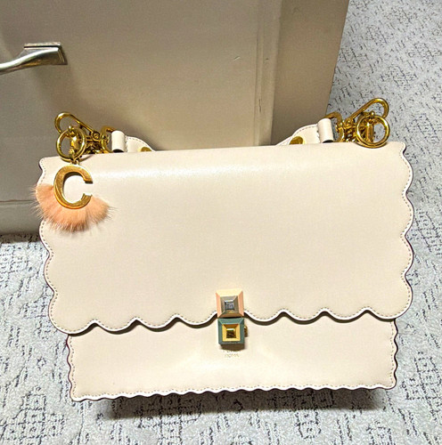 Fendi Beige medium Scalloped Chain Strap Crossbody Bag Charm Turn Lock