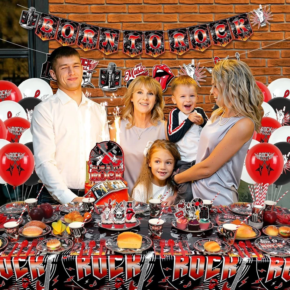 Украшения для вечеринок в стиле рок-н-ролл, включая баннер Born to Rock, тарелку, салфетку - Изображение 2 из 4