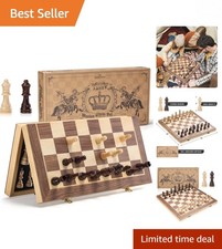 Upgraded 15" Magnetic Chess Set - Travel-Friendly Wooden Board with Extra Queens