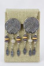Pewter Shield Earrings, Dangle Bead Strands, 25gr
