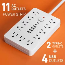 Power Strip Surge Protector 11 AC Outlets 6 USB Ports  Type C Port 10 FT Cable