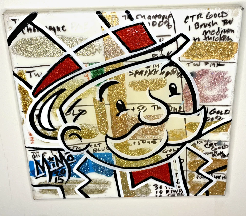 Mike Mozart MiMo "Monopoly Man" Pintura Resina Acrílica 2015 12x12 ALEC RARO Foto 3 de 4