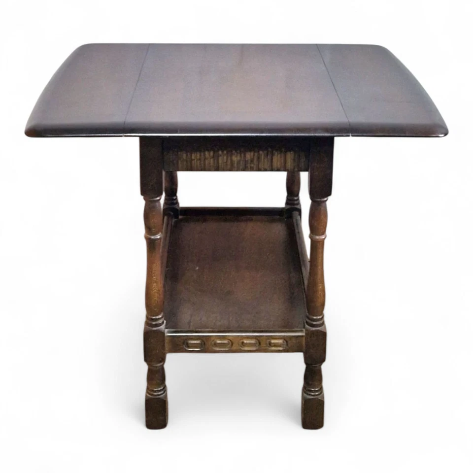 Vintage 2 tier carved oak folding occasional table / trolley with drawer - Image 3 of 4