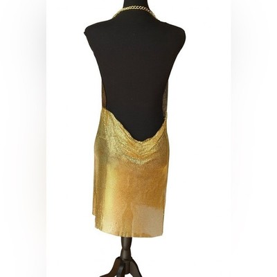 Gold Chainmail Backless Halter Mini Dress Metallic Mesh Party | eBay