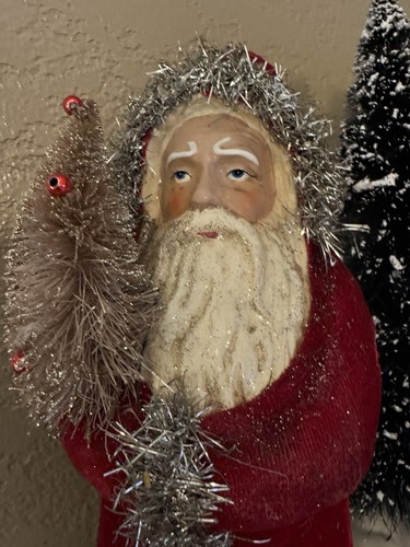 14" Belsnickle Red Santa Claus Tinsel Accents w Bottle Brush Christmas Tree - Picture 10 of 12