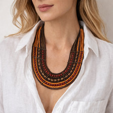 Statement Multi Strand Beaded Necklace Boho Tribal Earth Tone Layered Wood