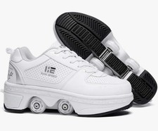 2-in-1 Sneakers Unisex Retractable Wheels Kick Roller Shoes White, Size 8.5