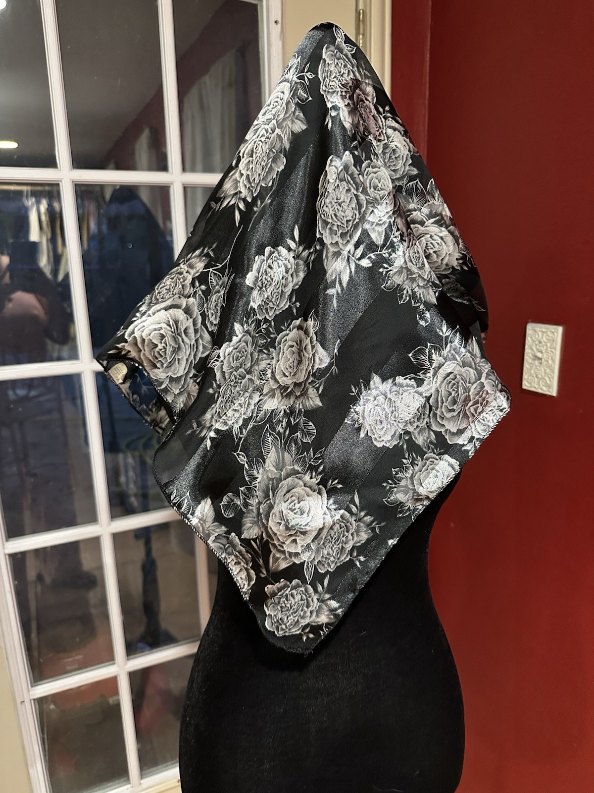 Vintage Korea Black Floral Striped Polyester Scarf 21x21” Square Rose Print