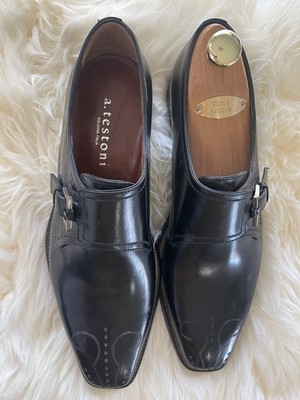 a.testoni Men's Black Leather Monk Strap Dress Shoes with Buckle Accent