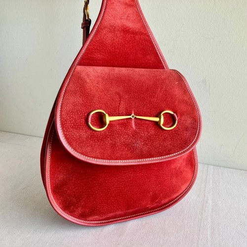Vintage Gucci Tom Ford Horsebit Red Suede Leather Sling One Shoulder Body Bag 90