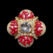 Hutton Wilkinson Red Coral Reef Faux Pearl Rhinestone Statement Brooch Pin