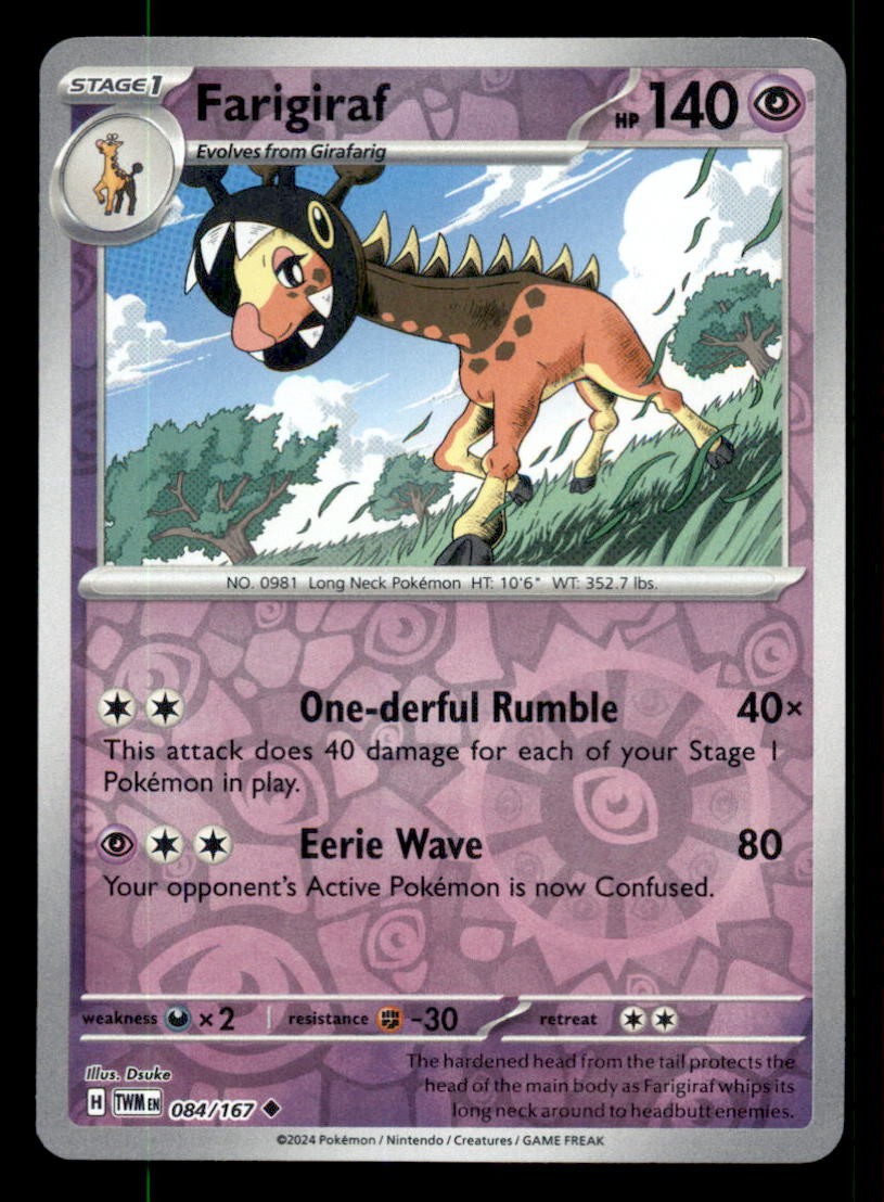 FARIGIRAF 084/167 REVERSE HOLO TWILIGHT MASQUERADE POKEMON NEAR MINT