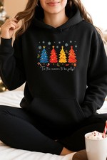 Black Christmas Hoodie, Colorful Xmas Tree Sweatshirt, Winter Holiday Pullover