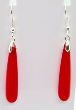 RED LONG TEARDROP SILVER PLATED HOOK EARRINGS 6CM DROP E412