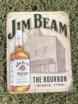 Jim Beam Bourbon Whiskey Tin Sign, Distressed Retro Vintage Style Metal Tin Sign