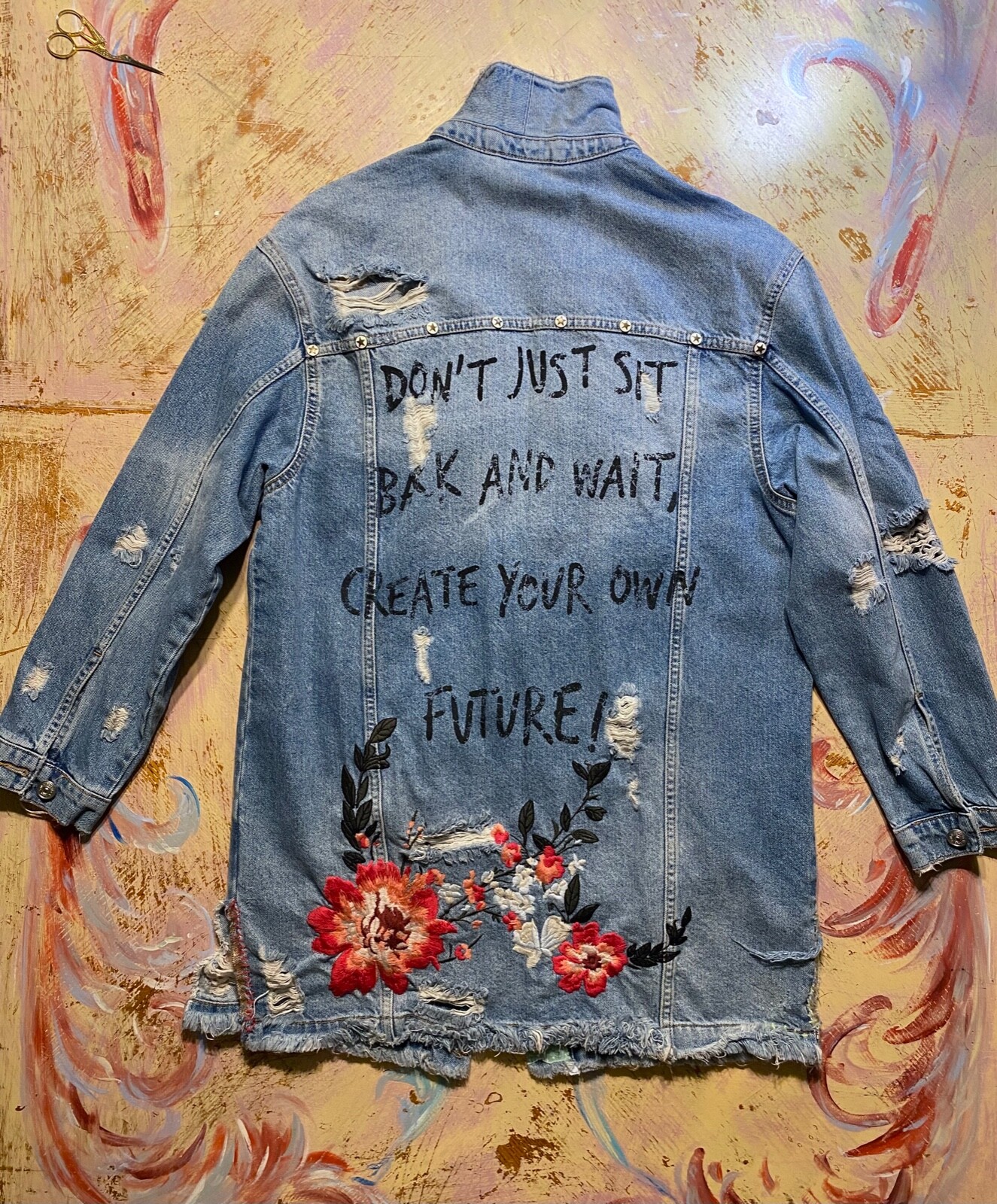 Bershka Vintage Denim Embroidered Jacket (CUSTOM) Women's size L image 2