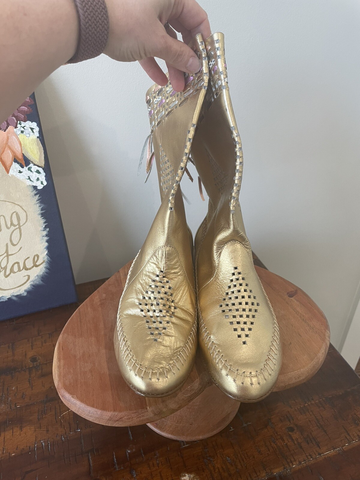 PANTOFOLA D’ORO Mocassini vintage anni 80 compulsione abito pelle frange oro taglia 7 5M Brasile