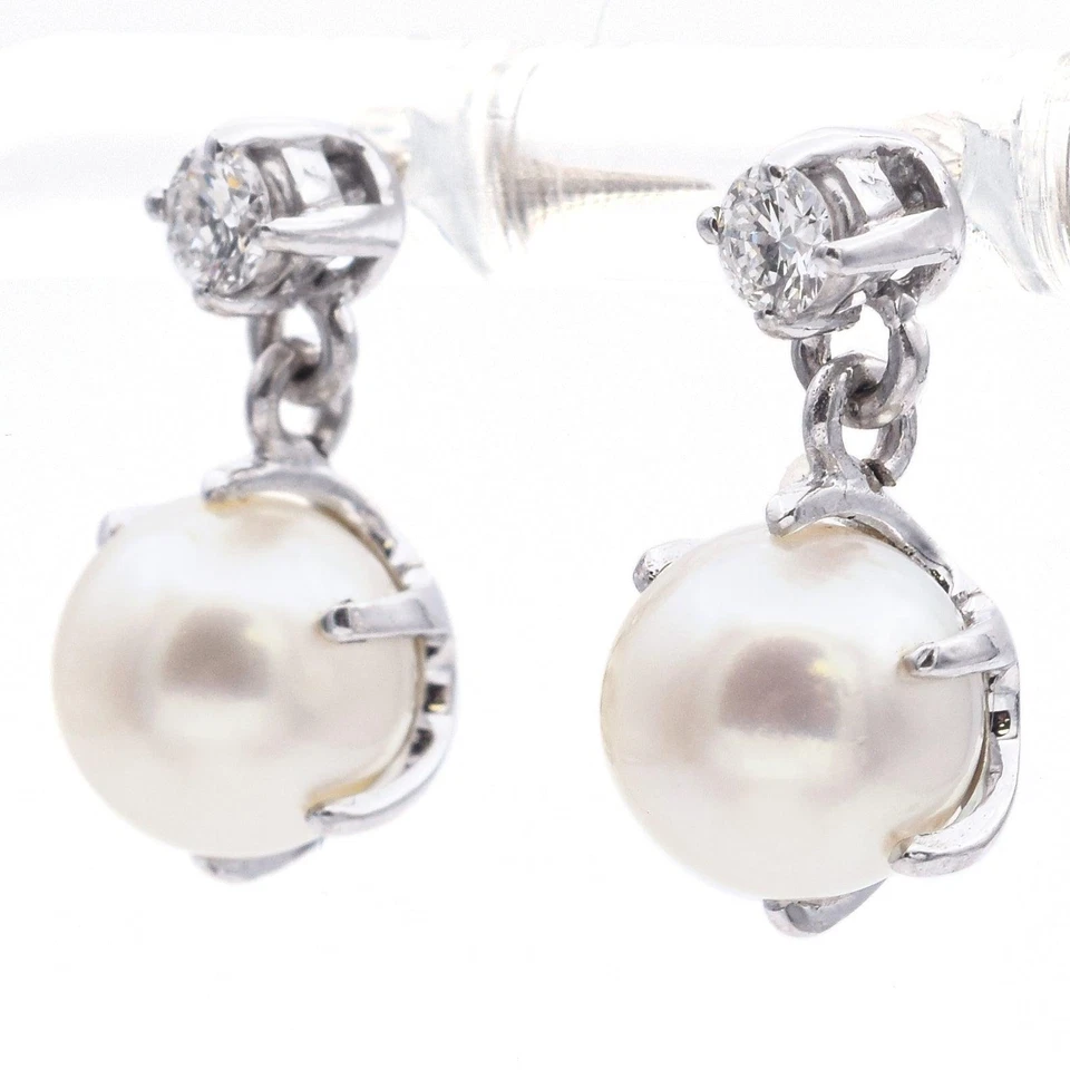Estate 14K White Gold Pearl & Diamond Dangle Earrings - Image 4 of 4