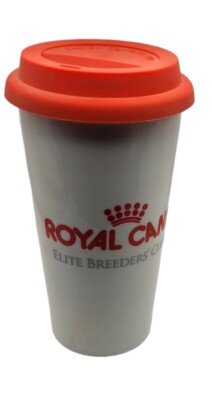 ROYAL CANIN Ceramic Travel Mug Elite Breeders Club Silicone Lid 14 oz EUC 