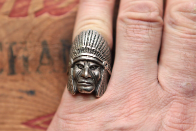 INDIAN JEWELRY IH(Indian Hand Made) リング Vintage Sterling Silver Hand Made Indian Chief Head Ring 20 g Size