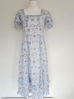 Kleid Amy Jane London Cottagecore Hellblau Rosa Floral Blumen Xs S Neu Baumwolle